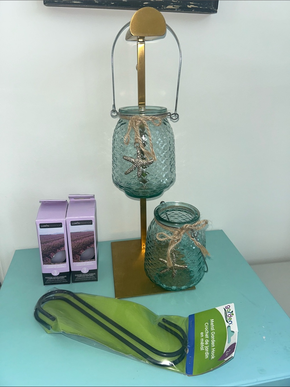 Aqua Glass Starfish Lantern Set with Lavender Candles & Metal Garden Hooks New